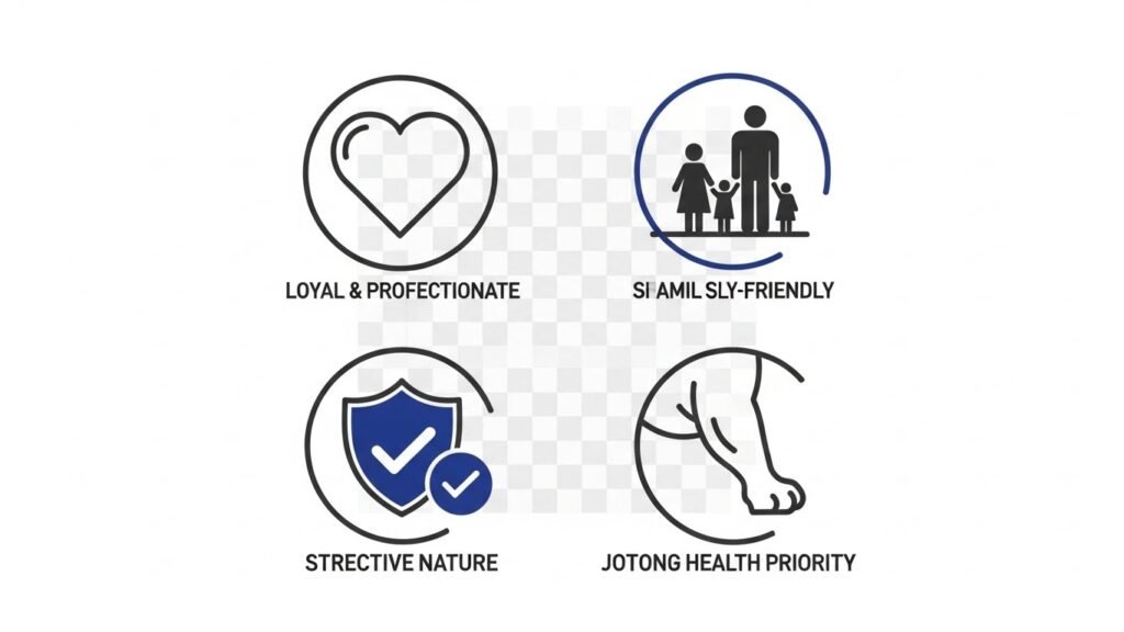 Four circular icons with a deep blue and dark grey color scheme, each representing a core trait of the American Bully: a heart for loyalty, a family silhouette for family-friendliness, a shield with a check for protection, and a strong leg for joint health.