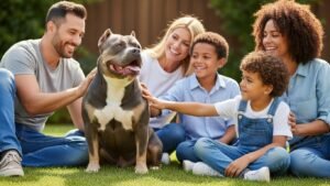A healthy American Bully sits calmly in a sunny suburban backyard while being gently petted by a smiling diverse family — an adult couple and two children — showcasing the breed's gentle and affectionate family-friendly temperament.