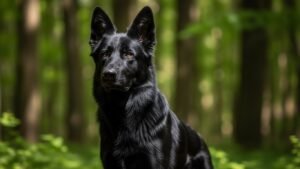 A majestic black German Shepherd standing alert in a lush green forest with upright ears, sharp eyes, muscular body, and a glossy black coat in natural sunlight