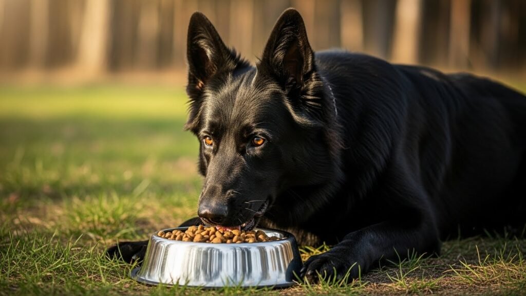 A majestic and alert black German Shepherd eating premium dog food from a stainless steel bowl in a natural outdoor setting with green grass and soft sunligh